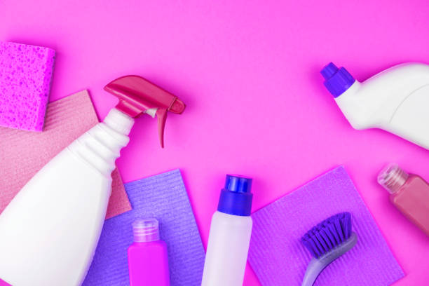 istock House cleaning products are on pink background. 1249804760