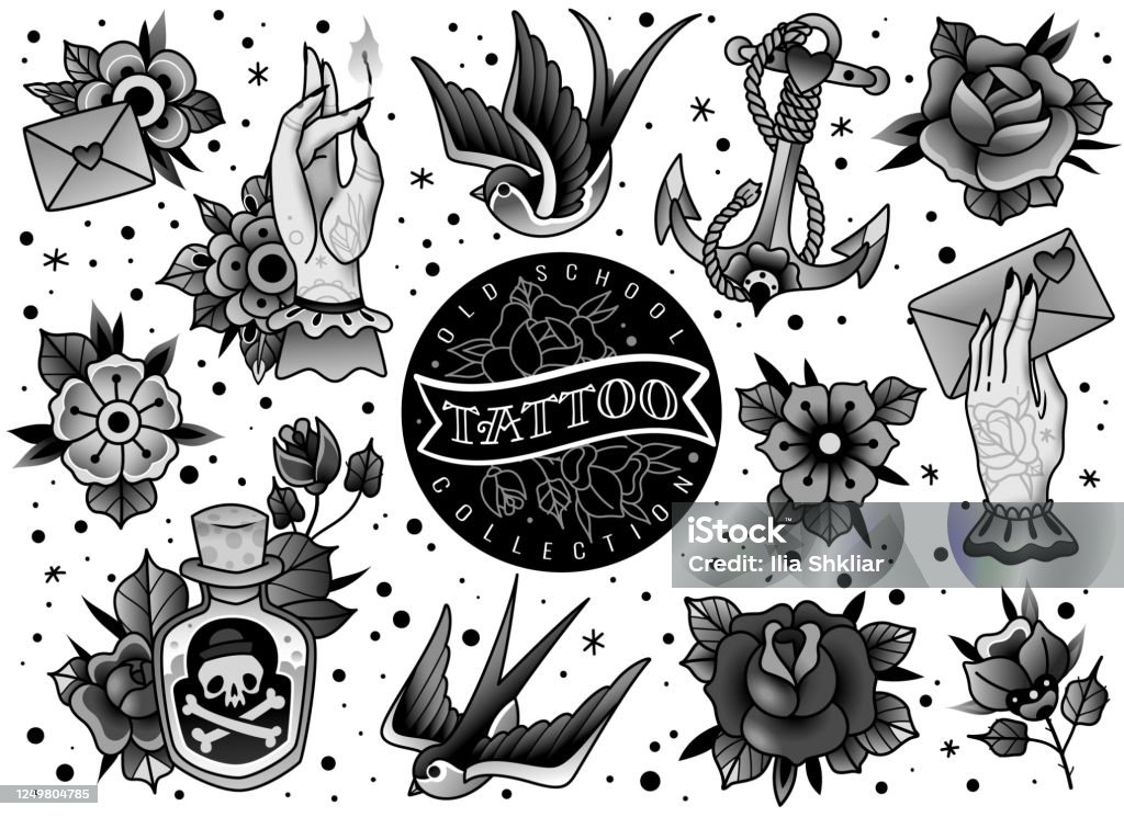 Old School Traditional Grayscale Tattoo Set Old School Traditional Tattoo  Flash Grayscale Black White Icons Pack With Swallow Rose Heart Hands  Flowers Anchor Skull Bottle With Potion Symbols Isolated Vector  Illustration Stock