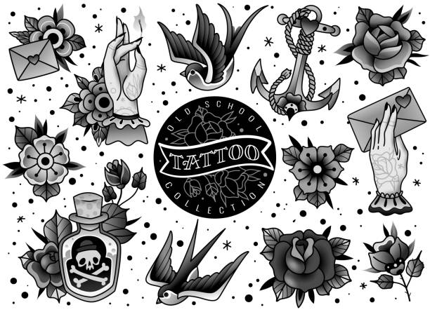 Old school traditional grayscale tattoo set. Old school traditional tattoo flash grayscale black white icons pack with swallow rose heart hands flowers anchor skull bottle with potion symbols isolated vector illustration Old school traditional tattoo flash grayscale black white icons pack with swallow rose heart hands flowers anchor skull bottle with potion symbols isolated vector illustration animal skin flash stock illustrations