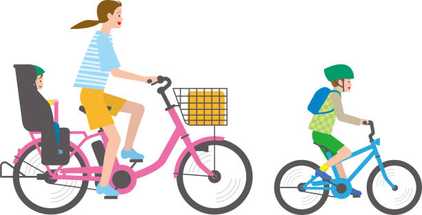 Parent and child riding an electric assist bicycle bicycle bicycle cycling school child stock illustrations