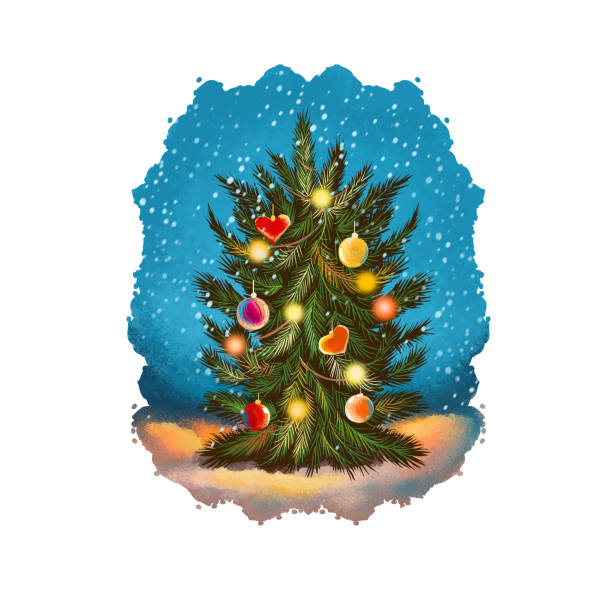 istock Decorated christmas tree with sparkling lights, snowing skies. Winter landscape. Merry Christmas, Happy New Year greeting card design. Graphic clipart design for web, print 1249806808