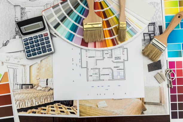 istock Design architecture drawing renovation color palette blueprints at office 1249807738