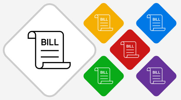 Simple Bill Icon Simple Bill Icon. This 100% royalty free vector illustration is featuring a white diamond button with a black icon. There are 5 additional alternative variations in different colors on the right. bill legislation stock illustrations