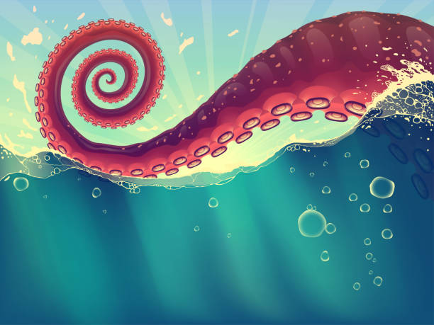 illustrazioni stock, clip art, cartoni animati e icone di tendenza di tentacoli di polpo rosso da vicino in acqua di mare con schizzi su sfondo blu, estate sotto il paesaggio idrico con calamari giganti oceanici, mostro cefalopodi con organo a spirale. - red octopus