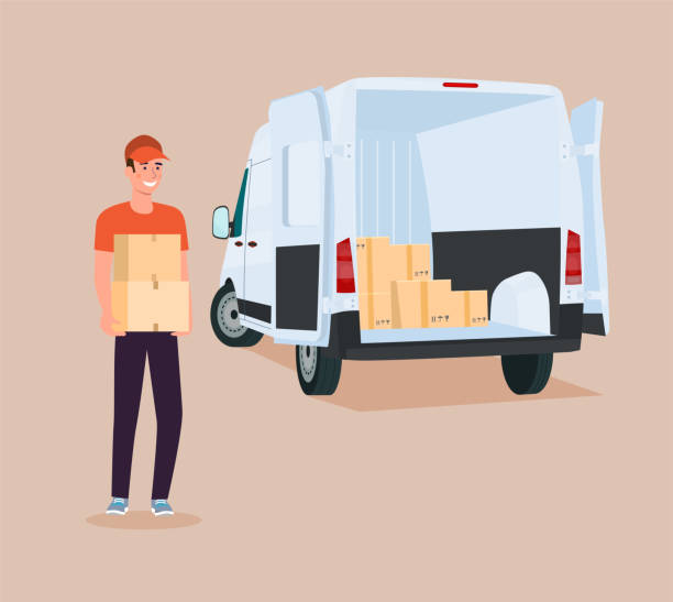 illustrations, cliparts, dessins animés et icônes de le livreur charge des boîtes dans une camionnette. illustration vectorielle. - moving van truck delivery van van