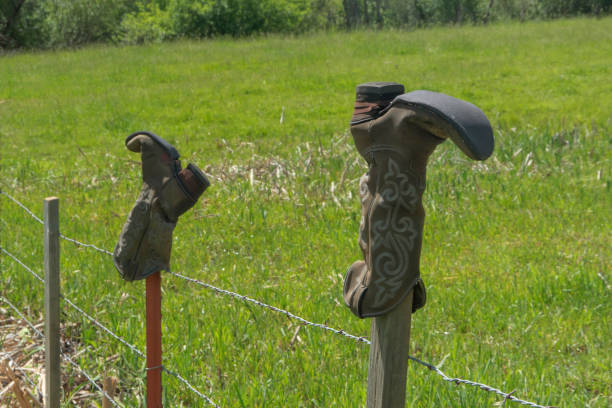 istock Pair of Boots on the Fence Posts 1249824082