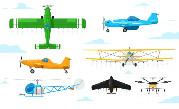 Vector illustration of Agricultural aviation. Crop duster aircrafts