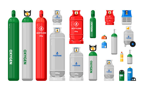 Gas cylinders. Metal tanks Gas cylinders. Metal tanks with industrial liquefied compressed oxygen, petroleum, LPG propane gas containers and bottles set. Gas cylinders with high pressure and valves gas cylinder stock illustrations