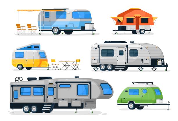 Motorhome, camper caravan and house truck Camping trailers and rv car. Vector motorhome, camper caravan and house truck icon isolated on white background. Recreation vehicle with camping van side view. Travel car for outdoor vacation set rv stock illustrations