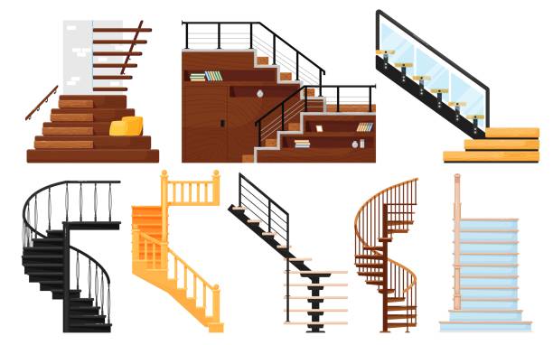 Interior wooden stairs, store escalator vector Staircase vector. Interior wooden stairs, store escalator, spiral staircase, floor to floor metal ladder. Cartoon stairs with handrails and steps collection steps illustrations stock illustrations