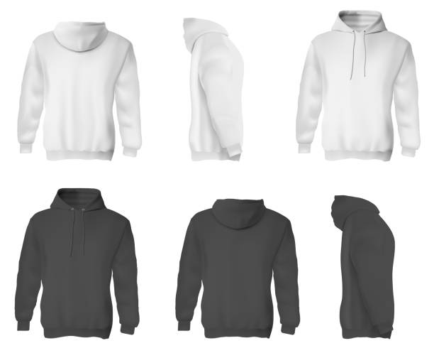 Man hoodie. Black and white blank male sweatshirts Man hoodie. Black and white blank male sweatshirts with hood template set. Front, side and back views of adult man hoodie shirts mockup collection. Casual clothing fashion mock up concept hooded shirt stock illustrations