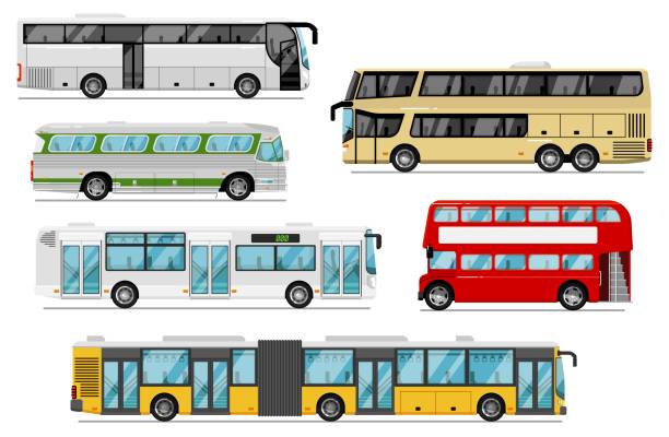 ÐеÑаÑÑ Passenger bus set. Isolated public city, coach, tour, double-decker bus transport icons. Bus vehicles with luggage compartments and bellows. Urban passenger transportation and journey double decker bus stock illustrations