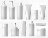 Cosmetic package. White shampoo bottle, cream tube
