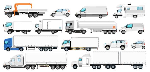 Vehicle branding set. Transport template Vehicle branding mockup. Vector transport template for branding. Isolated blank white side tanker trailer, truck, van automobile, motorhome, CUV car mock up icon collection. Cargo, passenger vehicles hatchback side stock illustrations