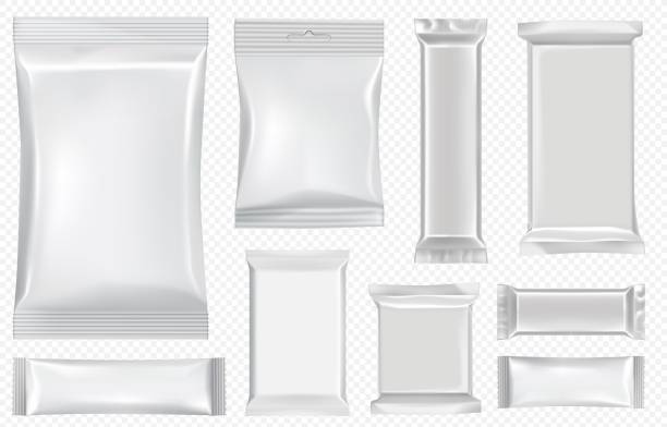 Flow pack and chocolate bar. White snack package Flow pack and chocolate bar. White snack package template for cookies, biscuit, wafer. Blank chocolate bar mockup by foil flow pack on transparent back. Realistic isolated sache and wrapper bag set pouch stock illustrations