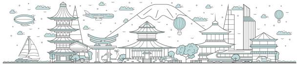 illustrazioni stock, clip art, cartoni animati e icone di tendenza di skyline del giappone. paesaggio urbano di line - tokyo prefecture japan skyline japanese culture