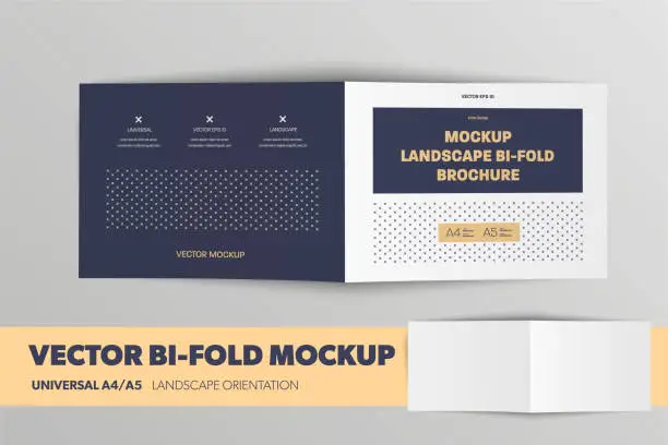 Vector illustration of Mockup standard landscape brochure, universal A4, A5 bifold, with realistic shadows, abstract pattern for presentation design.