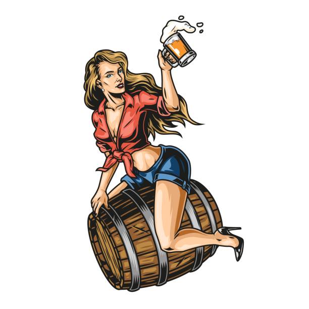 Pin up girl on beer wooden barrel Pin up girl on beer wooden barrel with mug of foamy drink in vintage style isolated vector illustration pin up girl stock illustrations