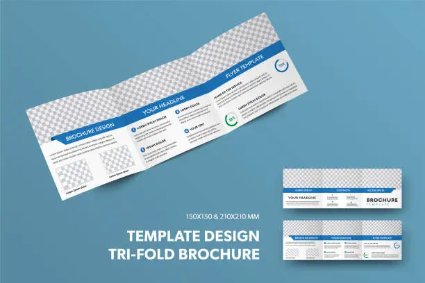 Vector illustration of Presentation of the design of a square open booklet with a rectangular insert for a photo and a blue line, isolated on background.