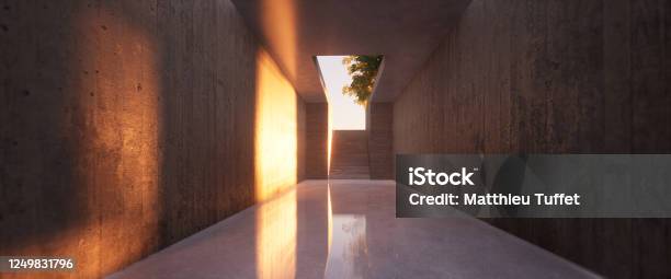 Fall Sunlight At The End Of A Concrete Corridor 3dcg Rendered Illustration Stock Photo - Download Image Now