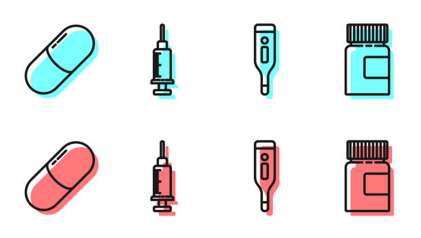 ilustrações, clipart, desenhos animados e ícones de definir linha termômetro digital médico, pílula de medicina ou comprimido, ícone da seringa e da garrafa de medicina. vetor - cápsula