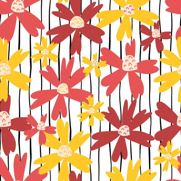 Vector illustration of Sommer flowers seamless repeating vector pattern. Red, pink, yellow florals on a black and white striped background. Scandinavian style flowers for fabric, packaging, home decor