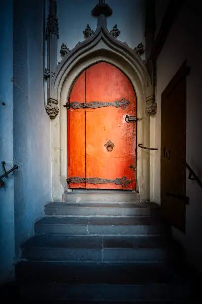 Old church entrance doors in Germany, Europe. Old architecture. Faith and religion.