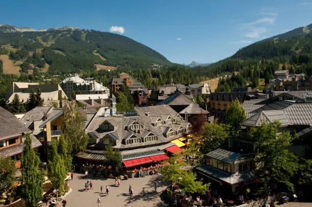 Aerial view of Whistler Village in summer. Canada's top tourist destinations. Best ski resorts to visit in summer.
