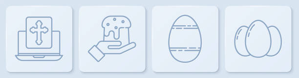 illustrations, cliparts, dessins animés et icônes de set line cross sur l’écran de l’ordinateur portable, oeuf de pâques, main humaine et gâteau de pâques et oeufs de pâques. bouton carré blanc. vecteur - cake symbol icon set computer icon