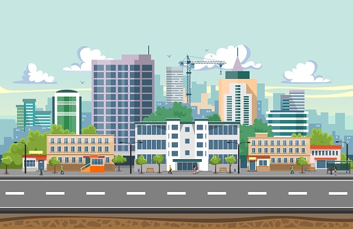 Seamless city landscape vector illustration. Summer city landscape in flat design. Modern city background with Skyscrapers, bus stop, road, trees and city buildings.