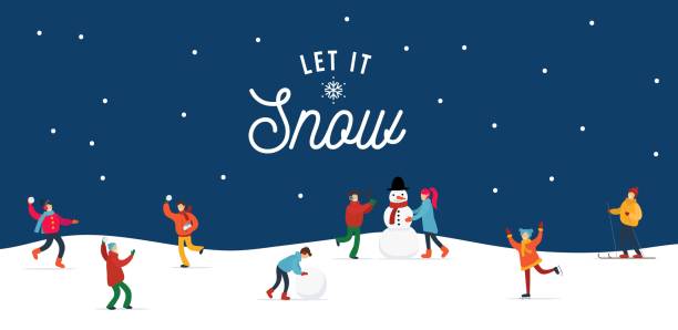 Let it snow people doing winter activities and having fun banner Let it snow people doing winter activities and having fun banner vector illustration. Cute and happy folk making snowman, playing snowballs and skiing. Happy holidays concept family trips and holidays stock illustrations