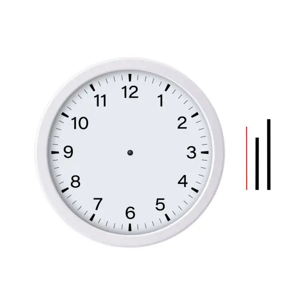 Vector illustration of White blank round clock face with hour, minute and second hands isolated