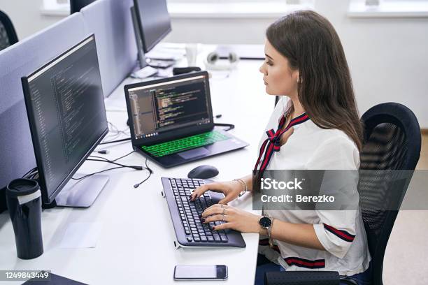 Beautiful Female Junior Software Developer Working On Computer In It Office Sitting At Desk And Coding Working On A Project In Software Development Company Or Technology Startup High Quality Image Stock Photo - Download Image Now