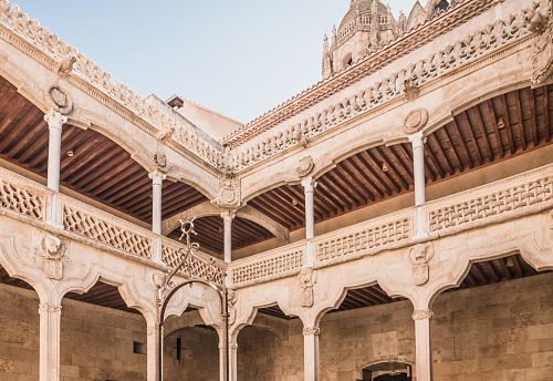 SALAMANCA, SPAIN - JULY 28, 2019: The Casa de las Conchas historical building, it currently a public library, Castile and Leon, Spain.