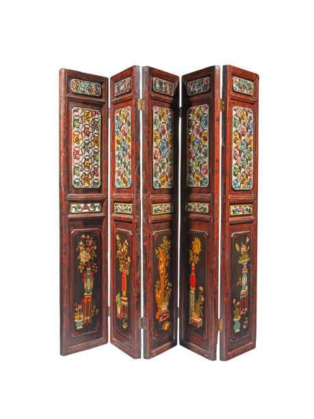 Oriental wooden folding screen isolated