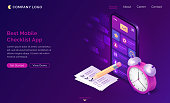 Checklist isometric landing page, pen put mark on check list document at smartphone with message mobile app on screen and alarm clock. Online survey, quiz, customer questionnaire, 3d vector web banner
