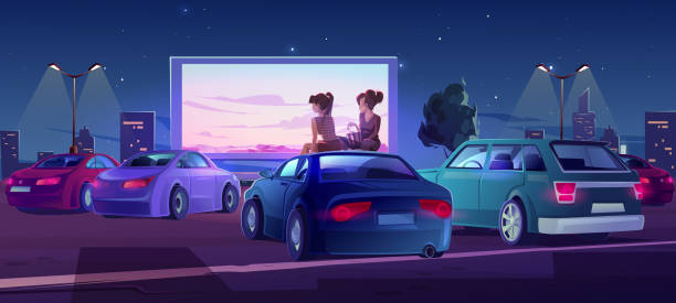 Outdoor cinema, open air movie theater with cars Outdoor cinema, drive-in movie theater with cars on open air parking. Vector cartoon illustration of summer night city with girls sitting on automobile roof and watching film on big screen woman driving car night stock illustrations