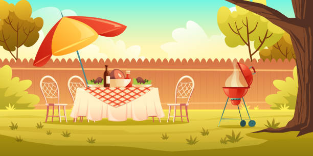 BBQ party on backyard with cooking grill BBQ party on backyard with cooking grill, food on table, chairs and umbrella. Vector cartoon illustration of picnic with barbecue on summer lawn in park or garden backyard background stock illustrations