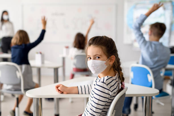 istock Child with face mask back at school after covid-19 quarantine and lockdown. 1249846164