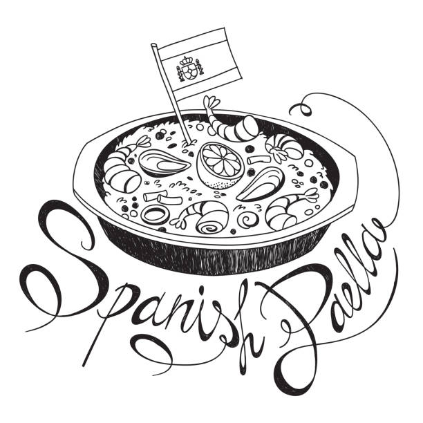 Freehand sketch style drawing of seafood paella pan with Spanish flag and hand written lettering. Vector hand drawn illustration isolated on white background for cafe menu spanish food stock illustrations