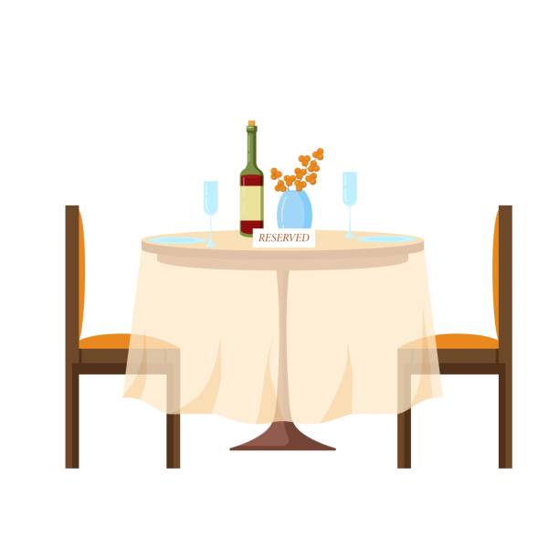 Reserved, sign on a table in a restaurant in cartoon style Reserved, sign on a table in a restaurant in cartoon style. The reserved banquet for the celebration of the event, made in a trendy elegant style. Suitable for serving, exclusive template, site. banquet chairs stock illustrations