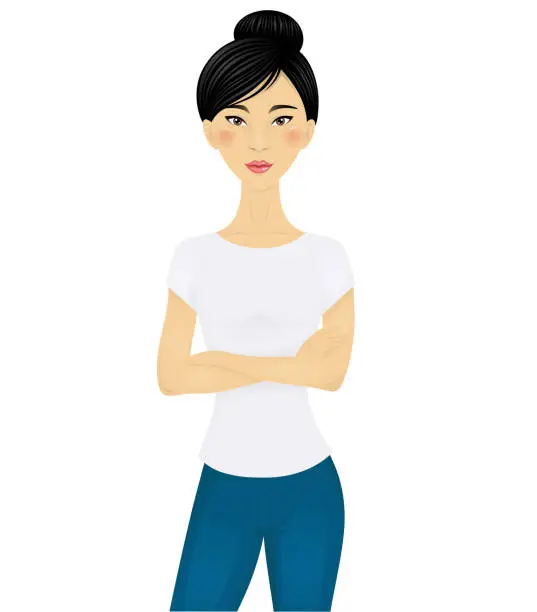 Vector illustration of Chinese woman standing with crossed arms.