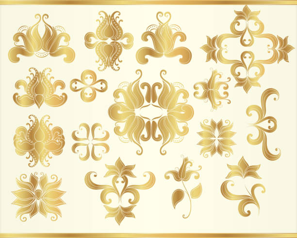 ilustrações, clipart, desenhos animados e ícones de elementos decorativos vetoriais em cores douradas em um fundo branco. - filigree gold leaf frame backgrounds