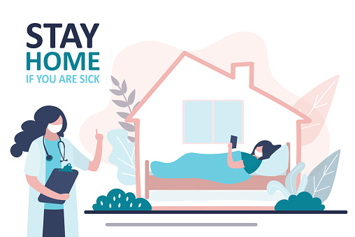 Stay home banner. Female doctor warning about global viral pandemic covid-19. Sick woman stay at home. Quarantine or self-isolation. Sick woman lies in bed. Health care concept. Vector illustration