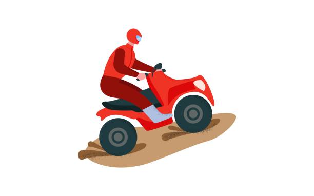 ilustrações, clipart, desenhos animados e ícones de rider em um quadriciclo vermelho. quad de tração multi-roda extrema - off road vehicle quadbike motocross desert
