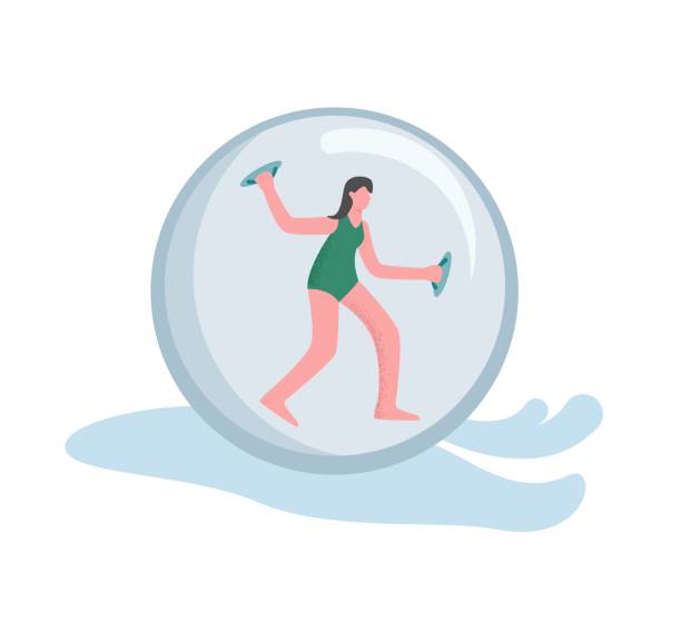 A woman engaged in zorbing. The concept of a zorbonaut A woman engaged in zorbing. The concept of a zorbonaut in extreme amusement, descent from the mountain in an inflatable ball zorb, fashionable, active sports fun. zorb ball stock illustrations