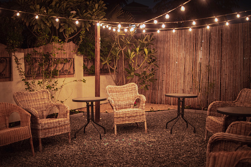 Summer, Patio, Outdoor, Recreation - Outdoor patio setup in the gravel backyard garden