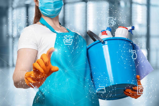 istock A cleaning lady clicks on a cleaning service icons . 1249858501