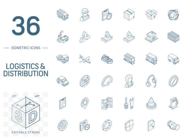 Logistic and distribution isometric line icons. 3d vector Isometric line art icon set. Vector illustration with Logistic, delivery business, distribution symbols. Service, export, shipping, transport pictogram. 3d technical drawing. Editable stroke graph boxes stock illustrations