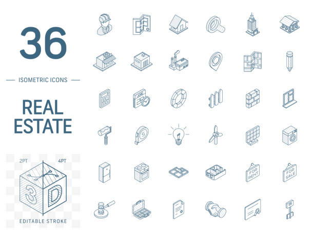Real Estste and Rent Apartment isometric line icons. 3d vector Isometric line art icon set. Vector illustration with real estste symbols. Agent, house, rent, key, apartment, sale, search, commercial and equipment pictogram. 3d technical drawing. Editable stroke coin outline stock illustrations